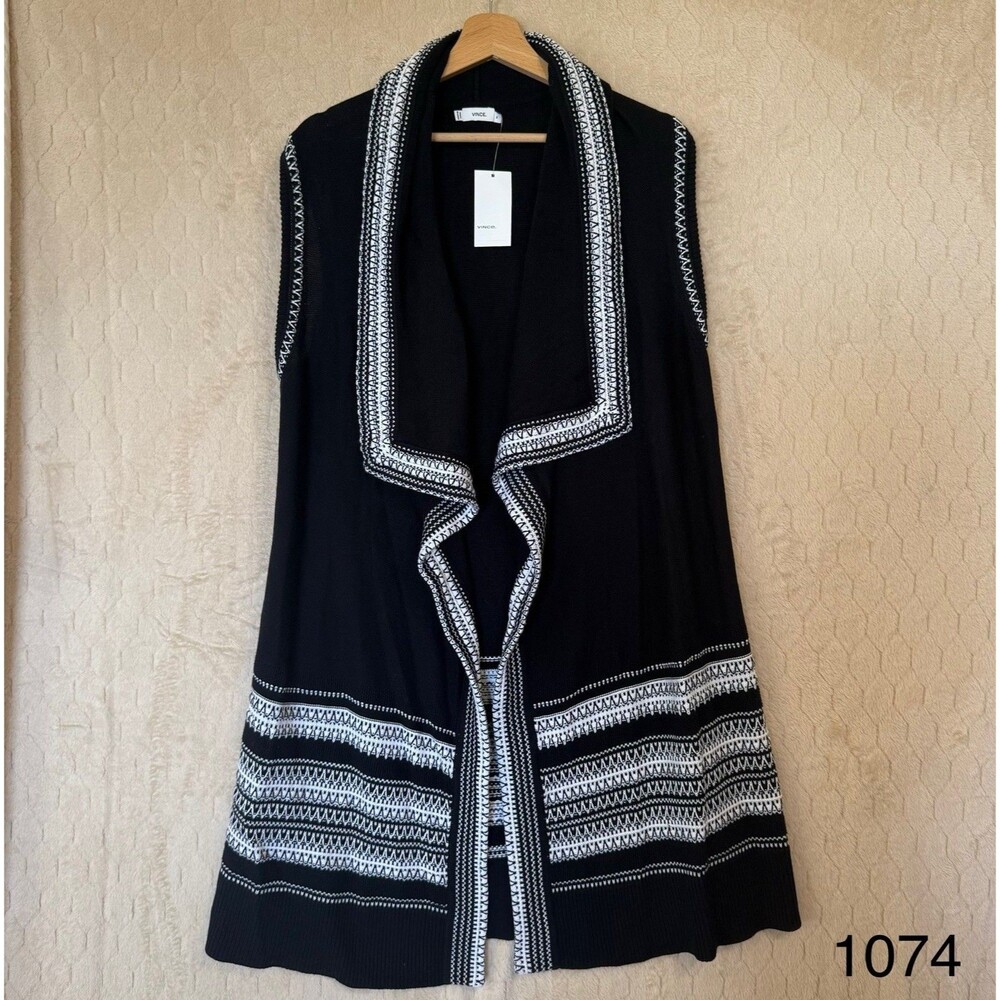 VINCE Sweater Long Vest Textured 100% Cotton NWT Size M Black White $395